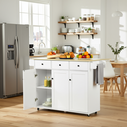 Homy Casa HUGH OAK WHITE SM 45.28" Kitchen Cabinet with Casters, Storage Drawers and Doors Open Box