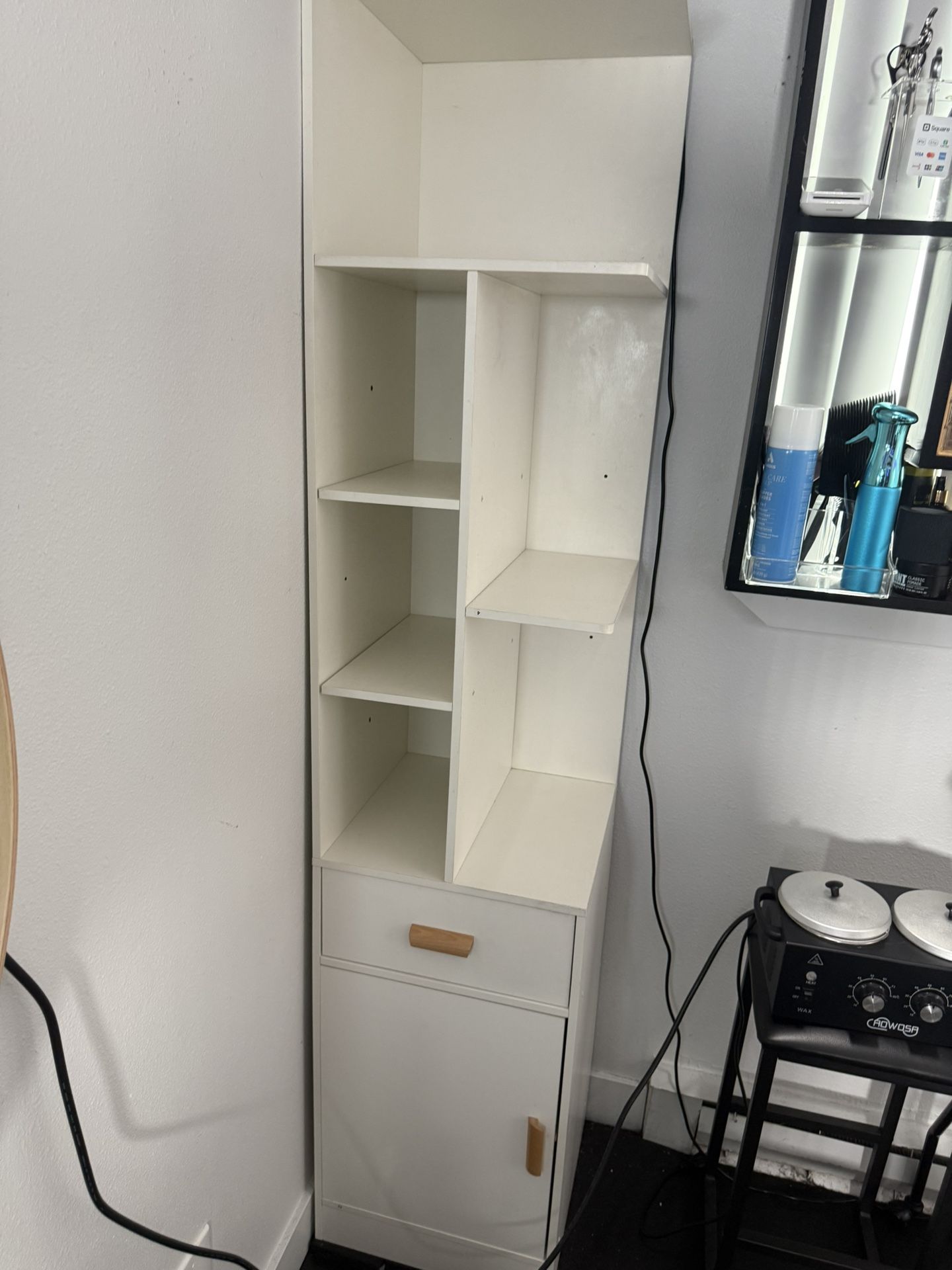 White Storage Cabinet with Shelves and Drawer