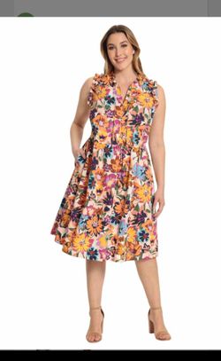 Maggy London Peach Floral Ruffle-Trim Sleeveless Midi Dress Sz 2 Women's
