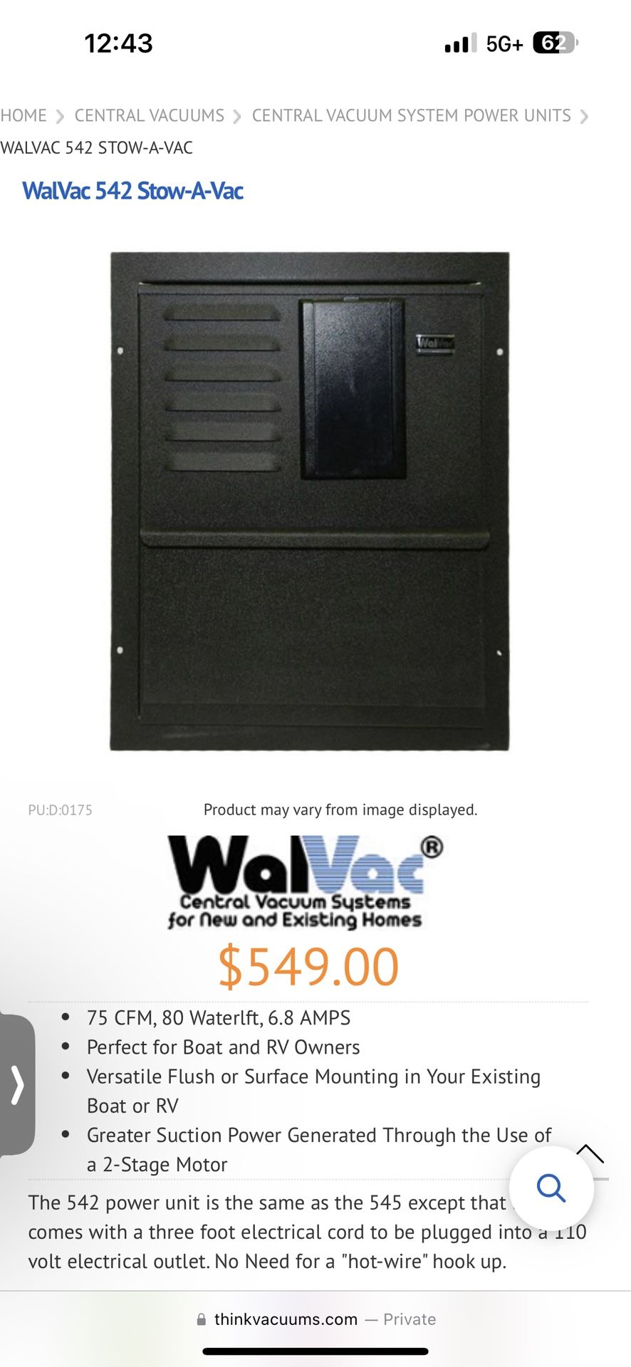 WalVac 542 Stow-A-Vac In Wall Vacuum