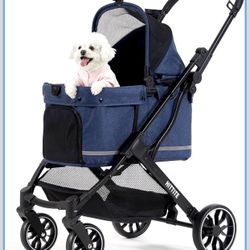 HITTITE Pet Stroller with Weatherproof Cover, All-Terrain 4-Wheel , Blue 