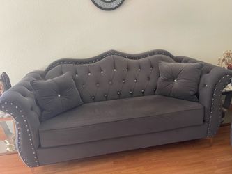 Gray Velvet Tufted Sofa with Crystal Buttons