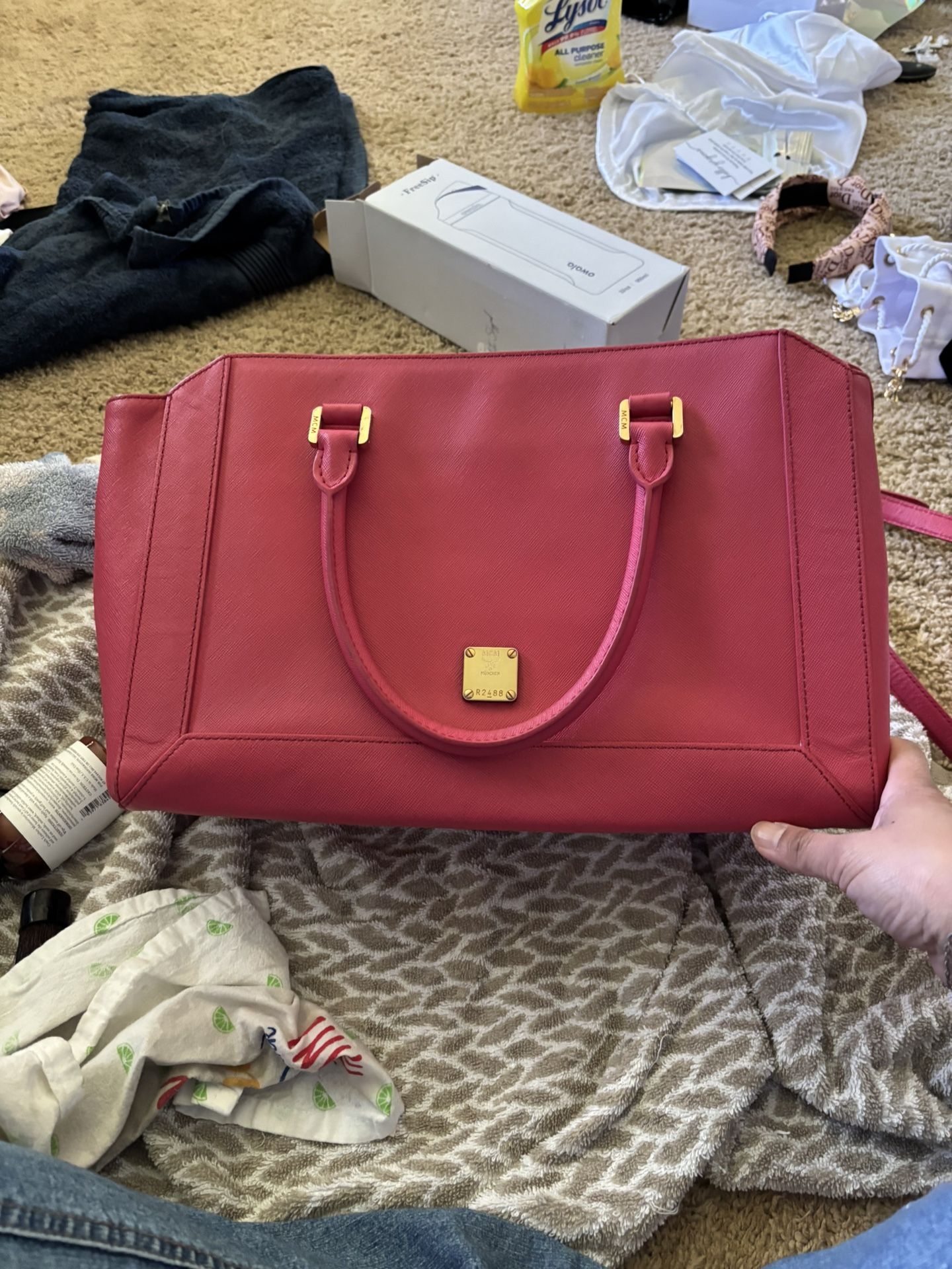 MCM Red Satchel Bag with Gold Hardware
