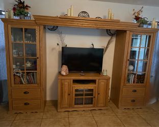 Solid Oak Entertainment Center & Display Cabinets