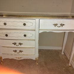 WHITE WITH GOLD DRESSER AND END TABLE 