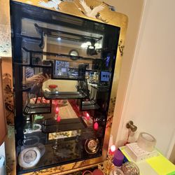 Oriental Curio Lacquer In Gold With Flowers/Birds.