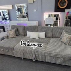 ✅️✅️3 pc Smoke grey corduroy fabric sectional sofa with double storage chaise and pop up sleep area in center✅️✅️