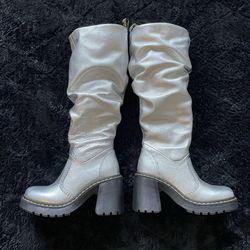 Dr Martens Kasey Metallic Leather Knee High Ruffled Boots - Women's Sz 5 Silver