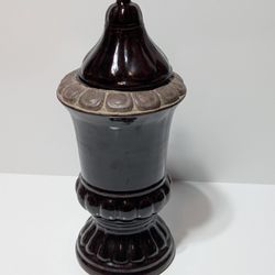 Vintage Burgundy Ceramic Apothecary Jar with Lid 16" Pedestal Urn Style Decor