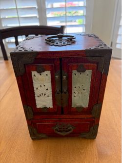 Vintage Chinese Rosewood Jewelry Box with Jade(?) Inlays and Brass Hardware