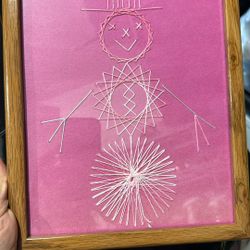 Embroidered snowman in a wooden frame
