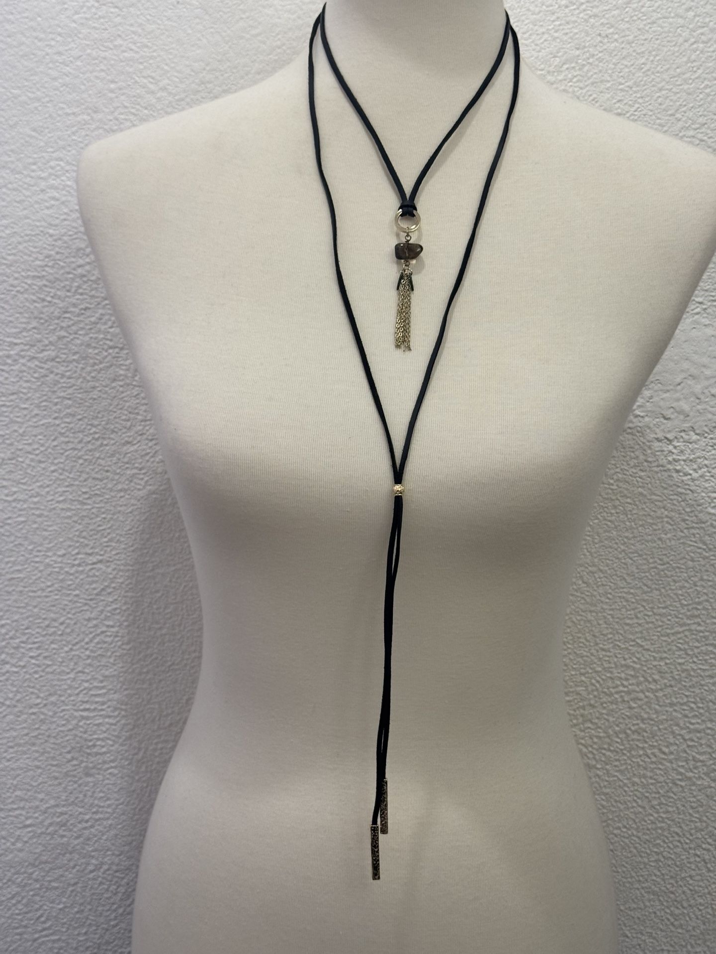 Long Necklace w/Choker Black Cord Tassel w/smoke Quartz.