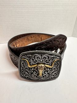 Western-Style Tooled Leather Belt Prominent Two-Tone Texas Longhorn Buckle Sz M