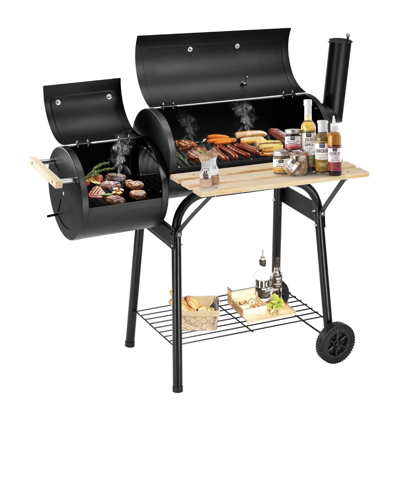 BBQ Charcoal Grill, 45.28 Inch Length Portable Barbecue Grill, Offset Smoker Barbecue Oven with Wheels & Thermometer for Outdoor Picnic Camping Patio