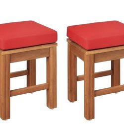 Outdoor Patio Stools with Cushions, Acacia Wood, Set of 2, Natural Finish