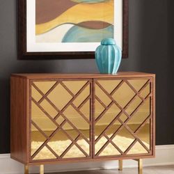 Brand New Walnut/Brass Mirror Accent Cabinet
