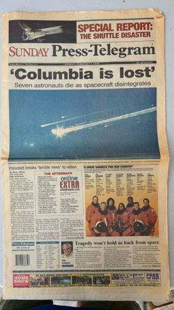 Sunday Press-Telegram from February 2, 2003, reporting on the Space Shuttle Columbia disaster.