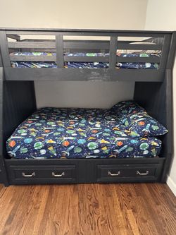 Pottery Barn Kids Twin-over-Full Bunk Bed + Desk – Mattresses Included – $1050 Bundle