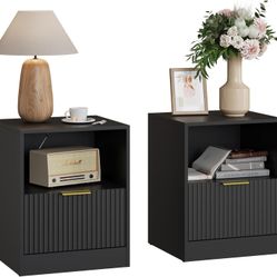 Fluted Nightstand Set of 2 Night Stand with One Drawer and Open Shelf, Modern Bedside Table with Metal Curved Handle, Wood Multi-Use End Table for Bed