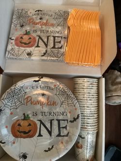 Halloween 1st Birthday Party Supplies, Plates, Napkins, Forks, Knives, Spoons, Serves 24