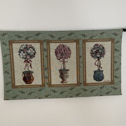 Pink and Green Topiary Wall Tapestry with Hanging Hardware