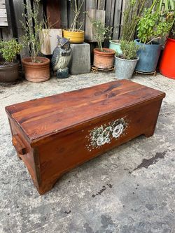 Vintage Mid Century Solid Pine Chest with Floral Design 1950’s