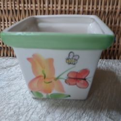 LARGE SQUARE HAND PAINTED POTTERY PLANTER