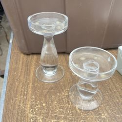 Candleholders Set Of Two Heavy Glass Clear