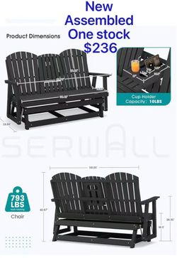 😀 SERWALL 3 Seat Porch Glider Bench with Cup Holdersi and Pad Placement,Black Oversized 66"HDPE Patio Glider Bench, 3 Seat glider, All Weather Patio