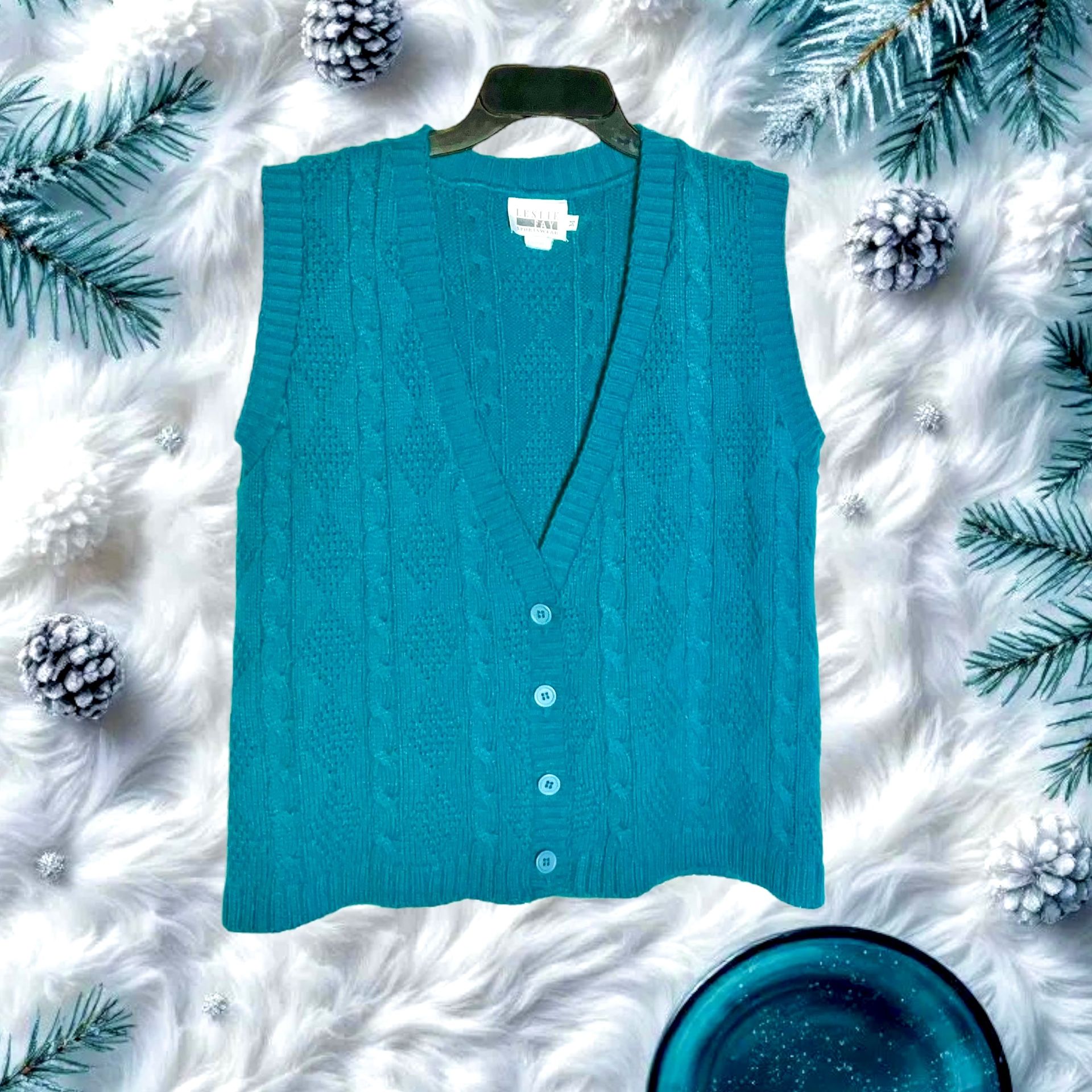 Leslie Fay Sportswear Vintage Dark Turquoise Blue Button Sweater Vest Women Medium