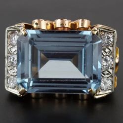 14k Yellow Gold Vintage Swiss Blue Topaz And Diamond Anniversary Statement Ring 