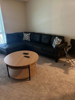 Black Sectional Sofa & Round Coffee Table – Barely Used