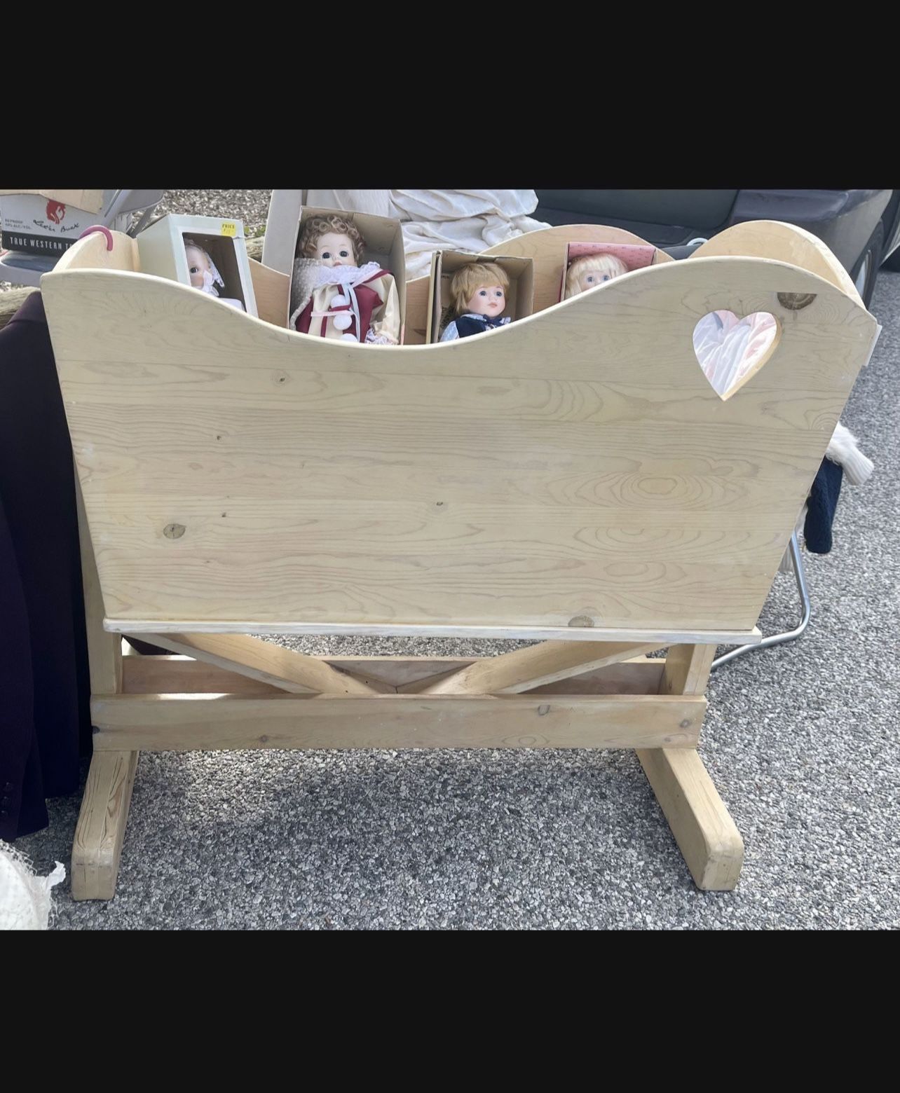 Vintage Antique Rare Large Baby Rocking Swing Cradle with Base Wood Heart Movie Set