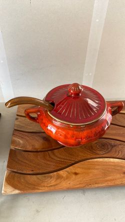 Red Glazed Ceramic Soup Tureen with Ladle