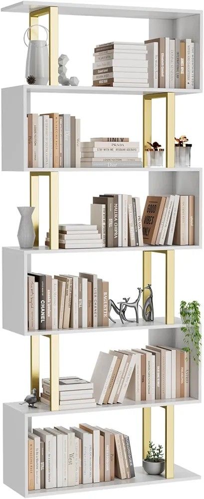 Gadroad 6-Tier Geometric Bookcase,S Shaped Bookshelf, Wood Decorative Storage Shelving, Modern Freestanding Display Shelves, Tall Book Shelf Unit for