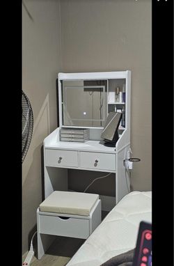 White Vanity Desk with LED Mirror and Stool