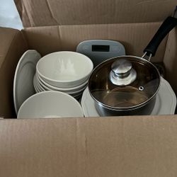 Box Of Kitchen Supplies, Bowls, Plates, Mini Pot & Food Scale