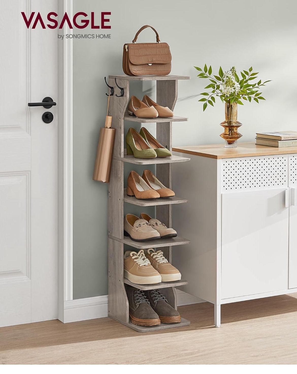 7-Tier Vertical Shoe Rack, Narrow Shoe Storage Organizer with Hooks, Slim Corner Shoe Tower Rack, Space Saving for Entryway and Bedroom, Heather Grei
