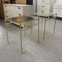 2 Vintage / Antique Gold Bamboo Glass Top Nightstands/ Nightstand Set / End Tables / Side Tables 