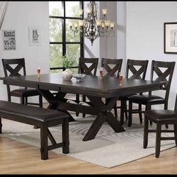 SOLID WOOD DINING SET WITH 6 CHAIRS AND A BENCH!!!DELIVERY TONIGHT!!!