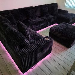 Brand New Oversize Sectional Corduroy Fabric Black 2 Cup Holder USB & LED Light $1399