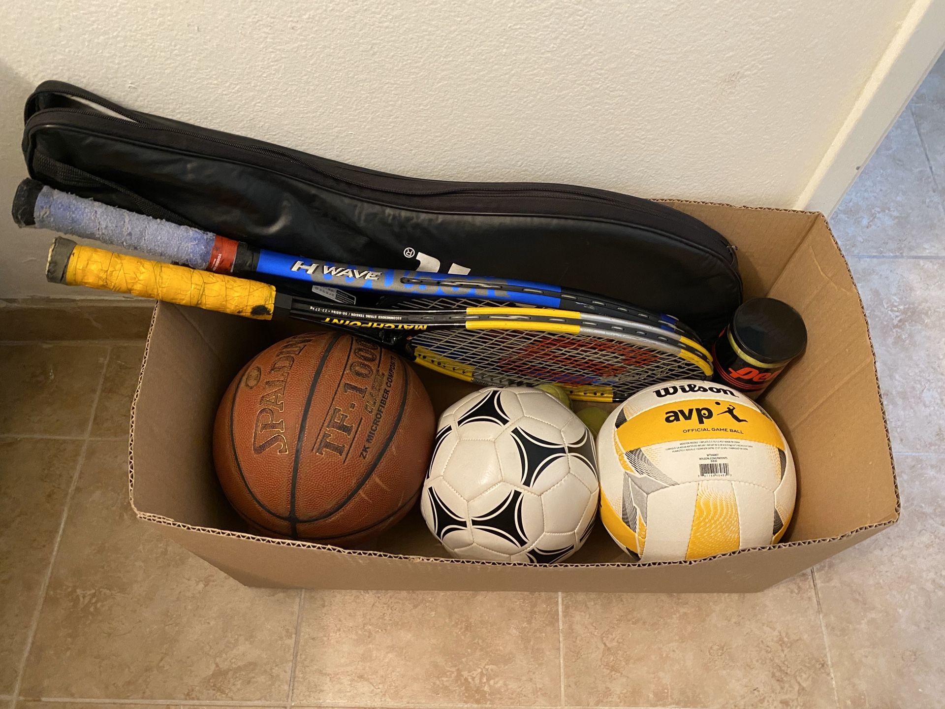 Sports enthusiasts- AVP volleyball, basketball, soccer ball, 2 tennis rackets with tennis balls