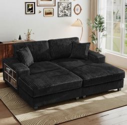 79in Oversized Corduroy Loveseat Daybed Sofa with Storage Console, Black (New in Box)