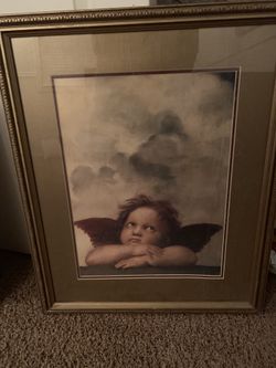 Beautiful angel large print matted with wood golden frame