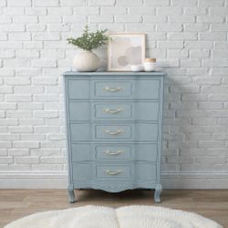 Soft Blue Willow Vintage Tallboy Dresser with Antique Gold Hardware
