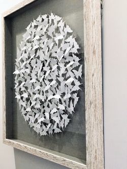 Modern 3D paper butterfly wall art / Glass Shadow box / Light distressed wood frame ( 24 x 24 x 2 in )
