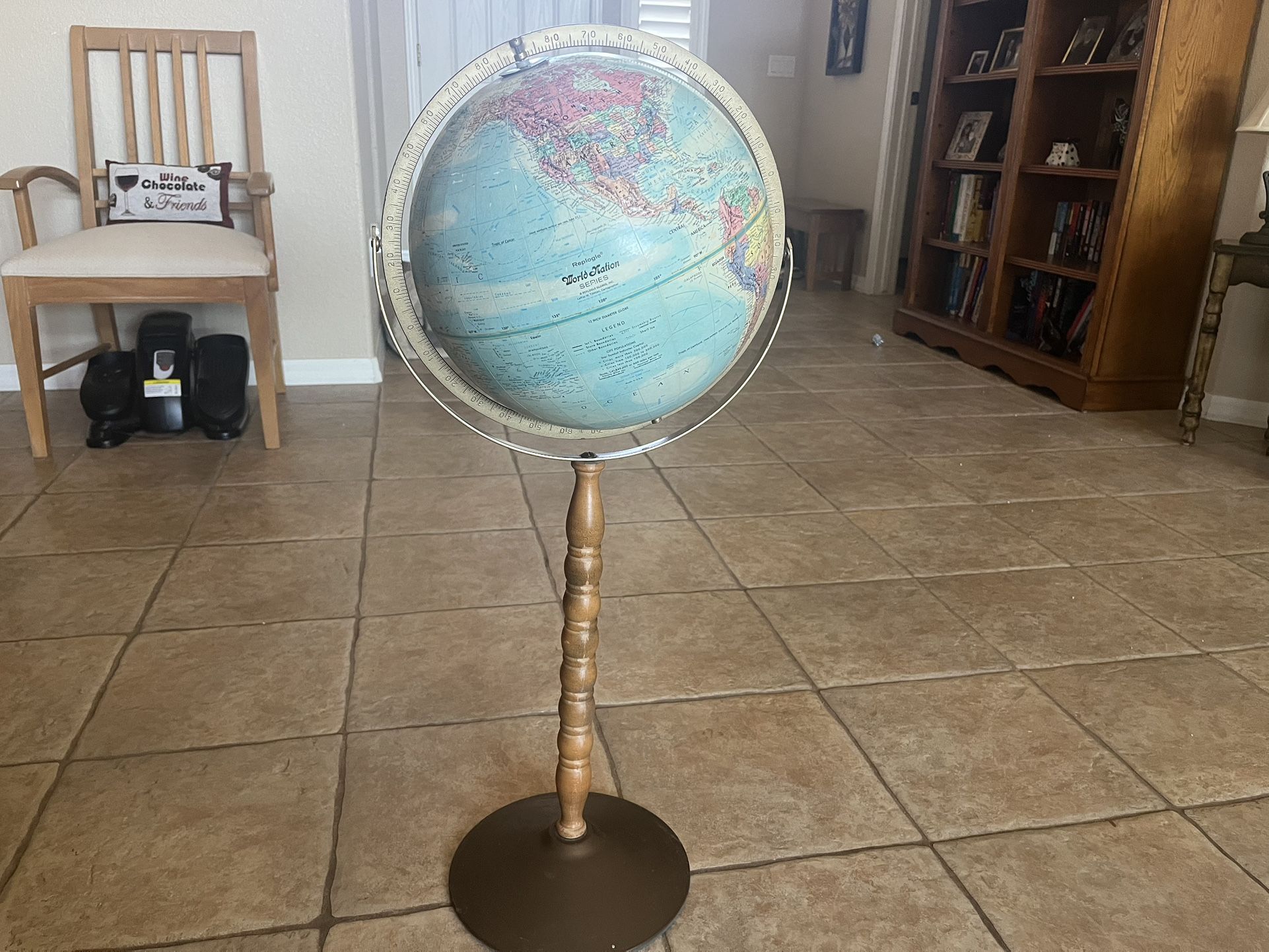 Vintage Replogle 12” World Globe On Wood Floor Stand 