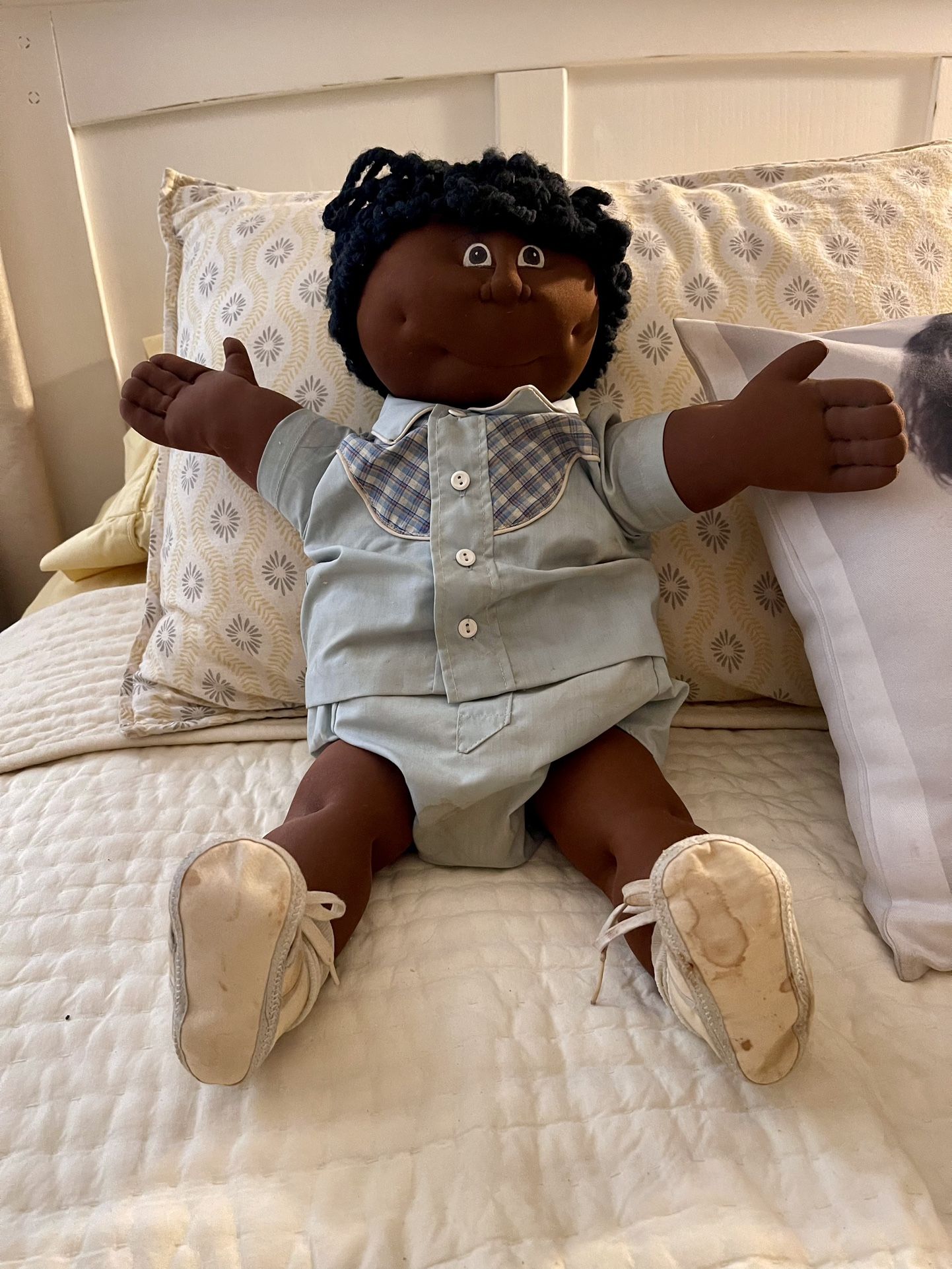 Vintage 22–24” Soft-Sculpt Cloth Doll (Cabbage Patch–style) – African American Boy – 1980s Handmade