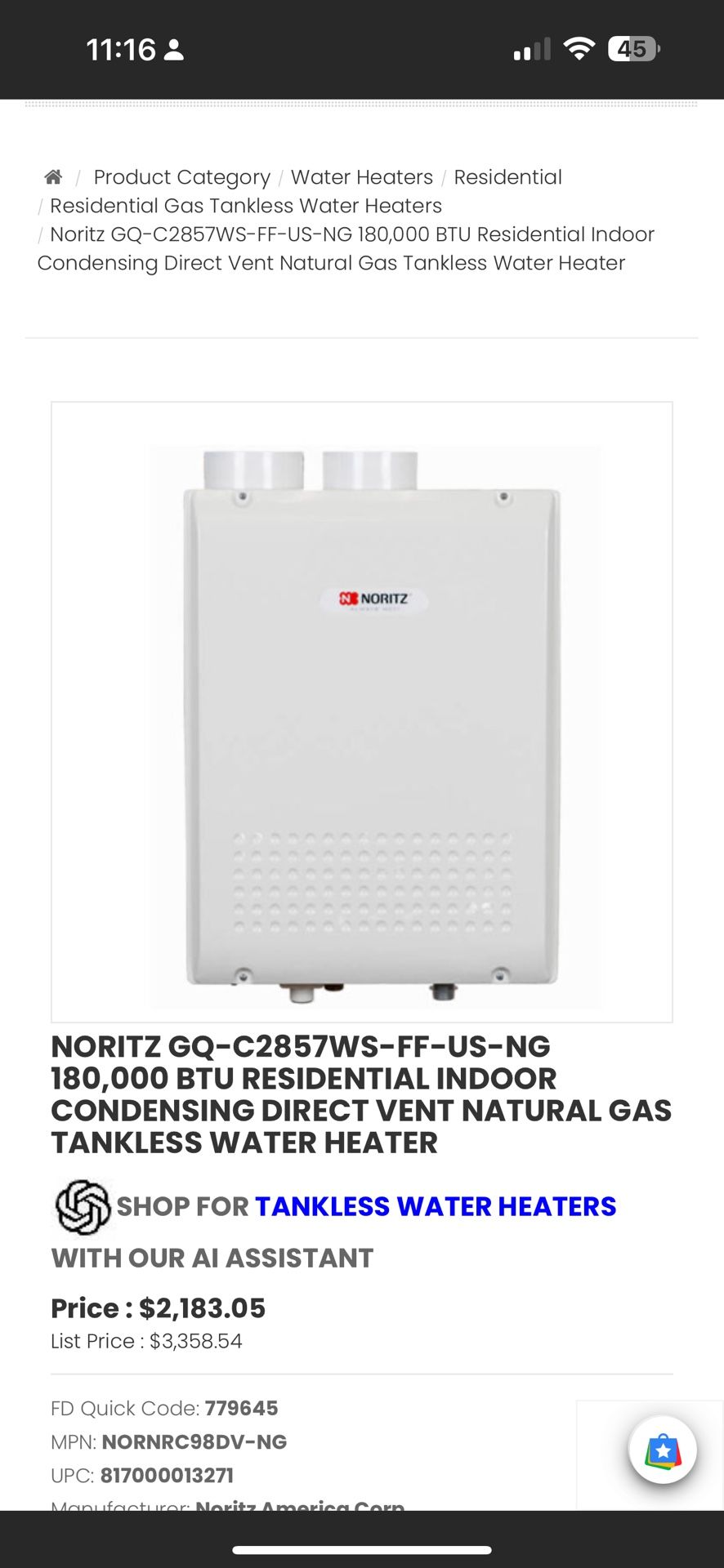 NORITZ GQ-C2857WS-FF-US-NG 180,000 BTU RESIDENTIAL INDOOR CONDENSING DIRECT VENT NATURAL GAS TANKLESS WATER HEATER
