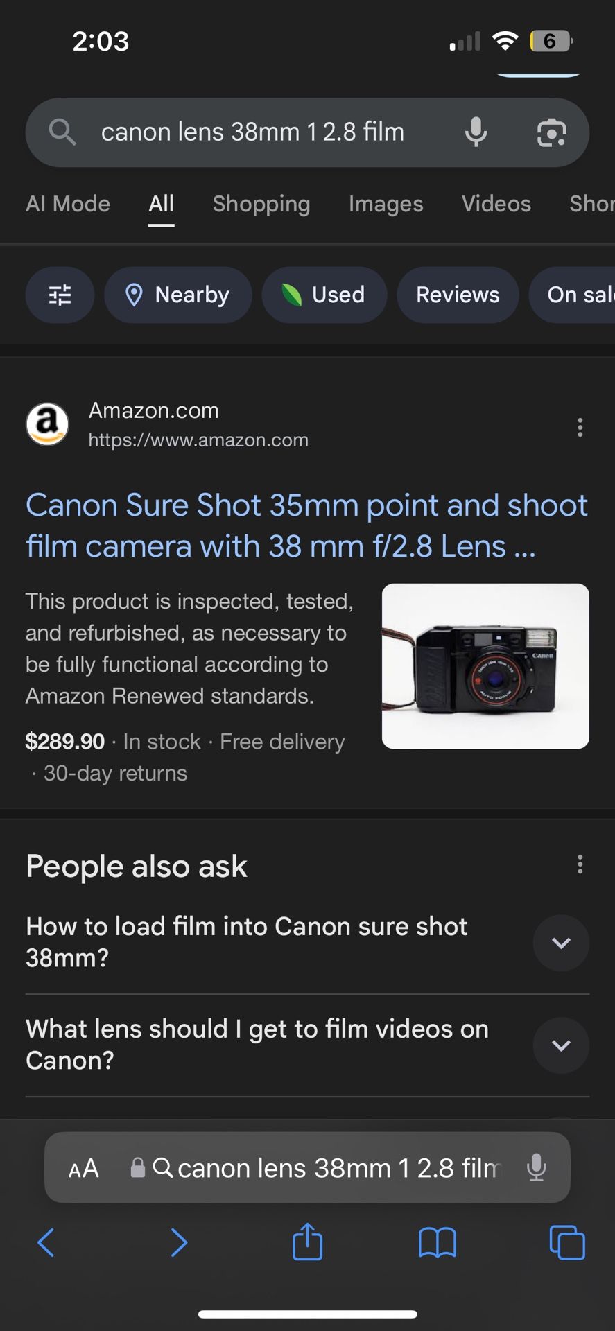 Canon Sure Shot 35mm point and shoot film camera with 38 mm f/2.8 Lens